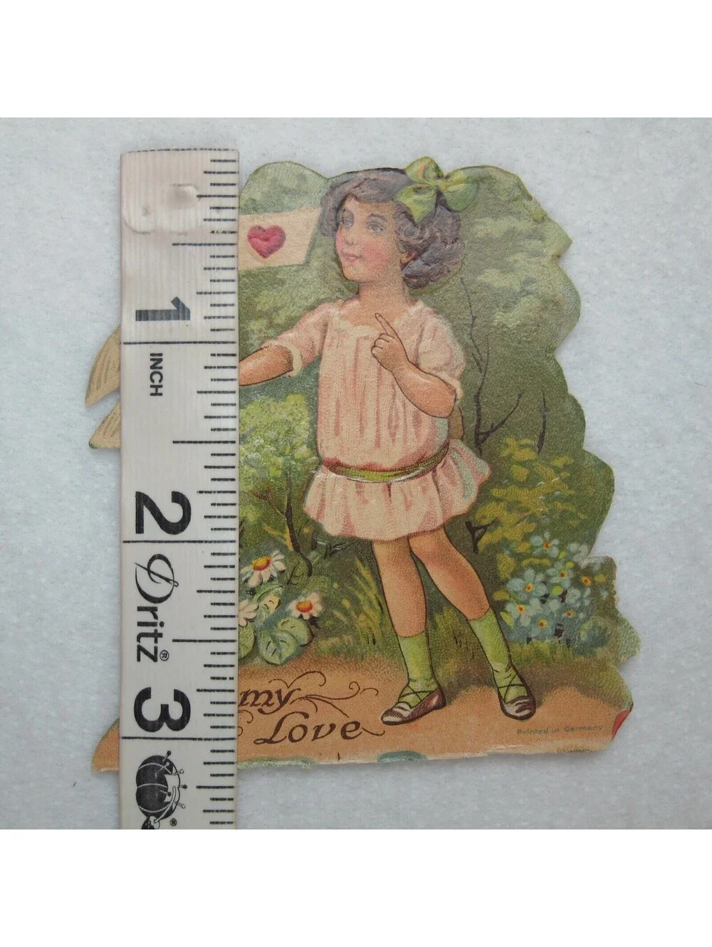 Vintage Valentine Die Cut Stand Up Girl Pink Dress & White Dove 1920-30s Germany